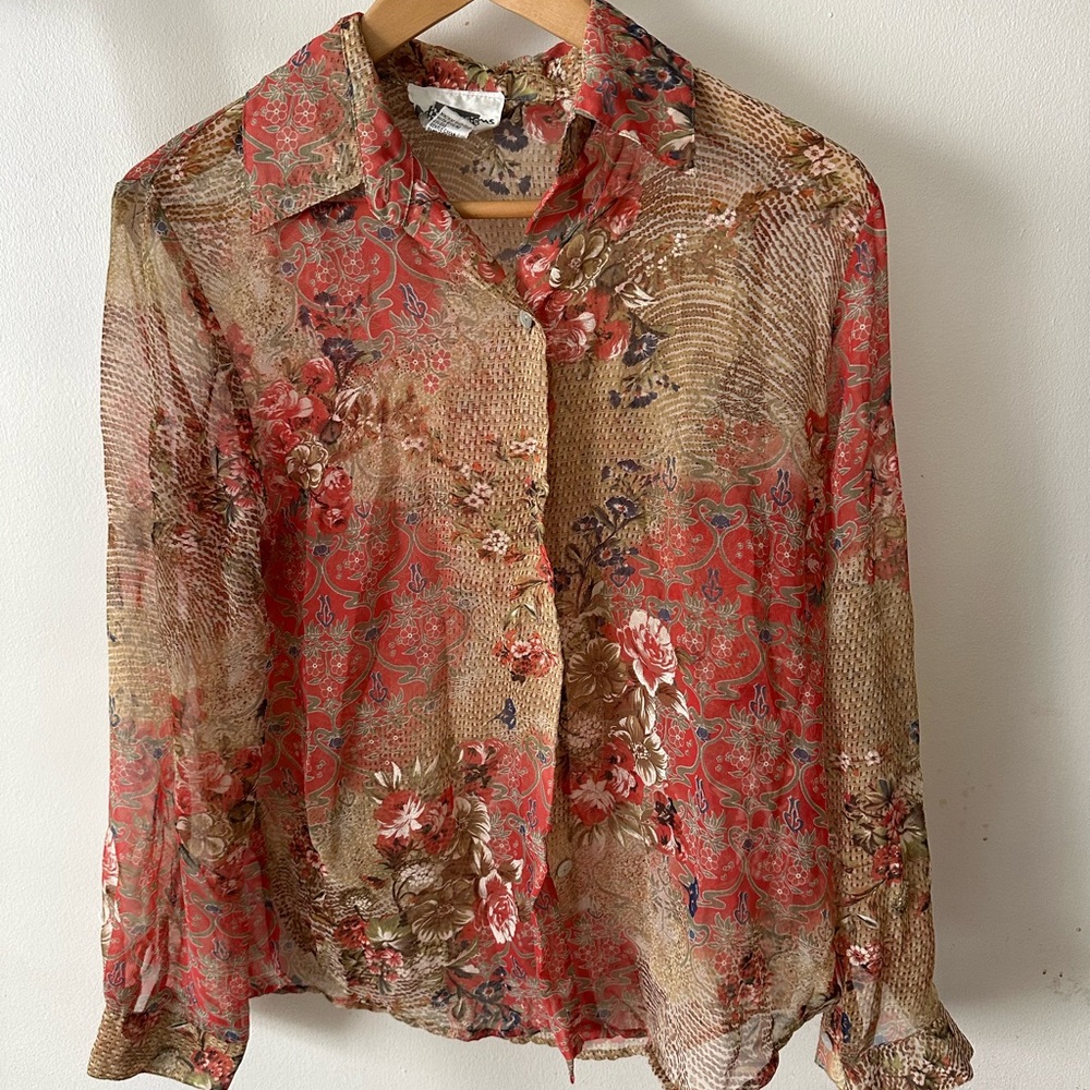 JK Designs Floral Sheer Blouse - Red and Tan